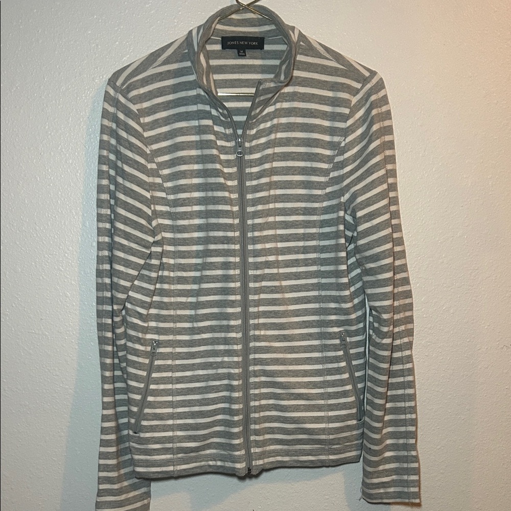 Jones New York Gray and White Striped Zip-Up Jacket